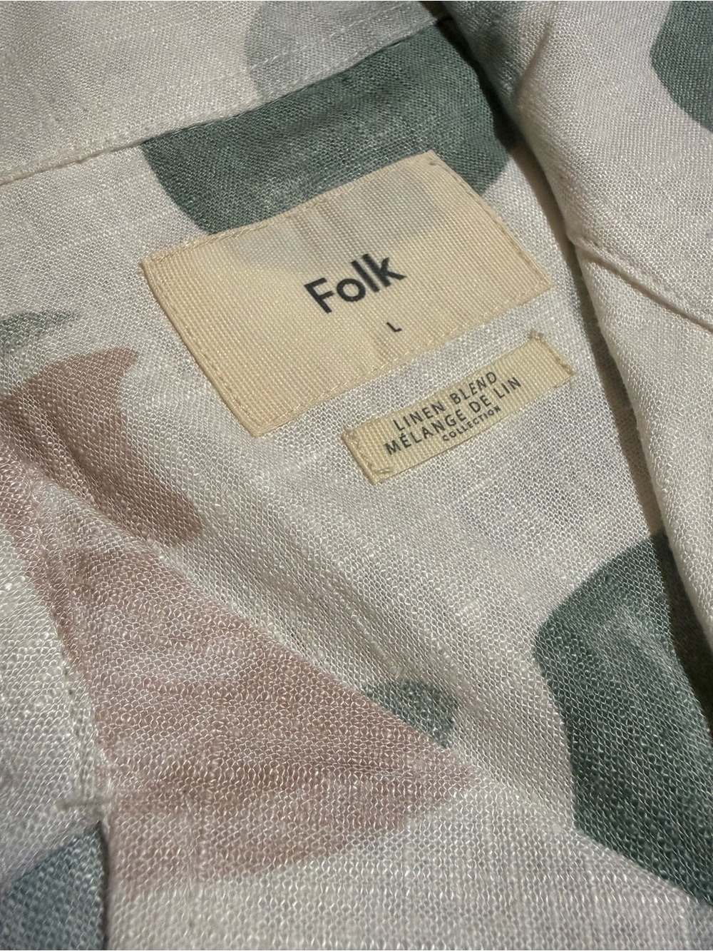 Folk Linen-Blend Shirt with Sage Green & Blush Print - Men’s Large - Picture 3 of 8